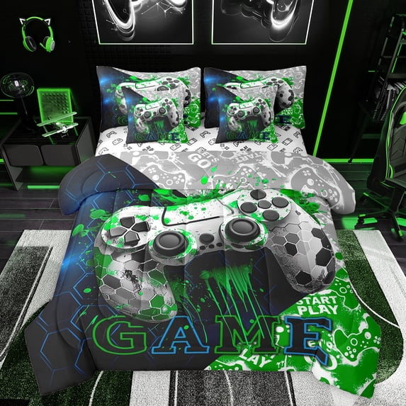 Feelyou 3D Green Gamepad Bedding Comforter Set 7 Pieces for Kids, Artwork Fashion Honeycomb Full Bedding Set, Video Gaming Controller Reversible Fitted Sheet Flat Sheet, Luxury Bedroom Decor