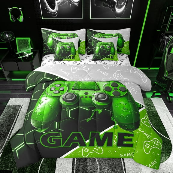 Feelyou 3D Green Gamepad Bedding Comforter Set 7pcs for Kids, Neon Glowing Honeycomb King Bedding Sets, Video Gaming Controller Reversible Bed Sheets, Breathable Home Decor