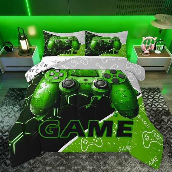 Feelyou 3D Green Gamepad Bedding Comforter Set for Kids, Neon Glowing Honeycomb Twin Comforter Sets, Video Gaming Controller Reversible Bedding Set, Breathable Home Decor, 2pcs