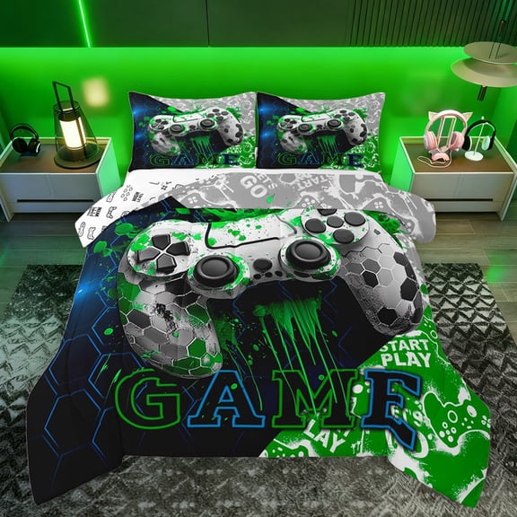 Feelyou 3D Green Gamepad Full Size Comforter Sets for Kids, Artwork Fashion Honeycomb Bedding Comforter Set, Video Gaming Controller Reversible Bedding Sets, Luxury Bedroom Decor, 3pcs