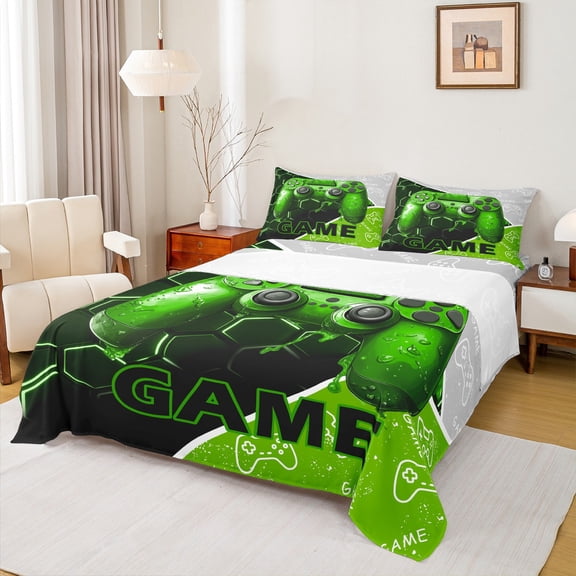 Feelyou 3D Green Gamepad Twin Sheet Sets for Kids, Neon Glowing Honeycomb Twin Fitted Sheet, Video Gaming Controller Flat Sheet, Breathable Home Decor, 3pcs
