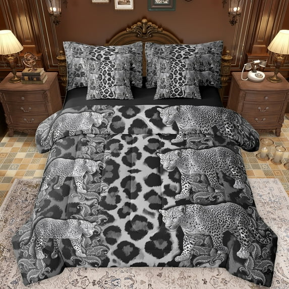 Feelyou 3D Grey Leopard Bedding Comforter Set 7 Pieces, Fashion Cheetah Print Full Bedding Set, Jungle Wildlife Animal Reversible Fitted Sheet Flat Sheet, Ultra Soft Bedroom Decor