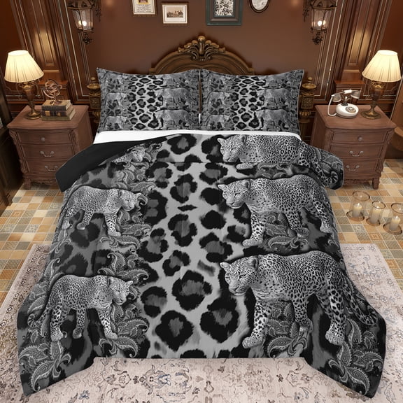 Feelyou 3D Grey Leopard Queen Comforter Set, Fashion Cheetah Print Bedding Sets, Jungle Wildlife Animal Reversible Bedding Comforter Set, Ultra Soft Bedroom Decor, 3pcs