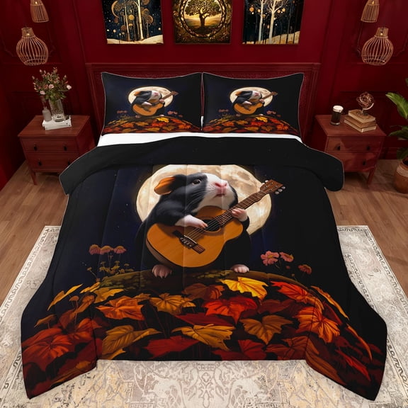 Feelyou 3D Guinea Pig Full Size Comforter Sets for Teen, Kawaii Guitar Hamster Animal Bedding Comforter Set, Mystic Moon Galaxy Reversible Bedding Sets, Luxury Bedroom Decor, 3 Pieces