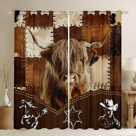 Feelyou 3D Highland Cattle Curtains Pack of 2 (42x84 Each) for Teen, Western Cowboy Cowgirl Curtains Blackout, Rustic Horse Animal Bedroom Curtains, Curtains and Drapes Decor