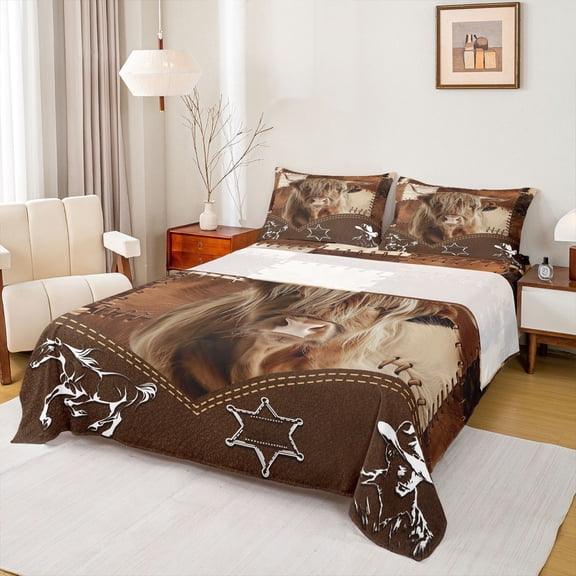 Feelyou 3D Highland Cattle Twin Sheet Sets for Teen, Western Cowboy Cowgirl Twin Fitted Sheet, Rustic Horse Animal Flat Sheet, Lightweight Room Decor, 3 Pieces
