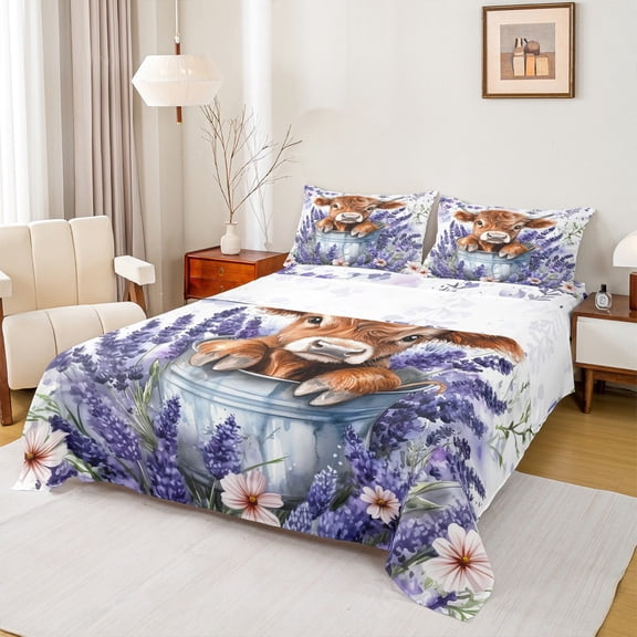 Feelyou 3D Highland Cow Bed Sheets, Dreamy Purple Lavender King Sheets, Kawaii Farmhouse Animal Sheet Set, Luxury Bedroom Decor, 4pcs