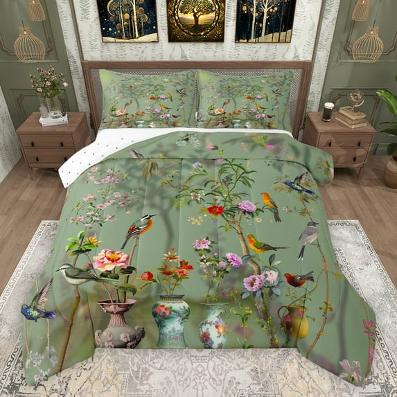 Feelyou 3D Hummingbird Teens Queen Comforter Set, Chinese Peony Blossoms Bedding Sets, Vintage Flower Floral Reversible Bedding Comforter Set, Lightweight Room Decor, 3-Piece