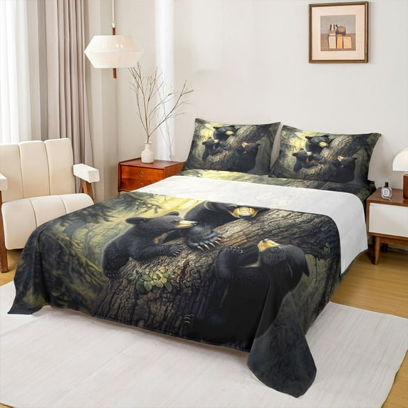 Feelyou 3D Jungle Bear Twin Sheet Sets, Tree Leaf Botanical Bedding, 3 Pieces