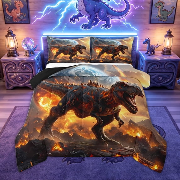 Feelyou 3D Jungle Dinosaur Full Size Comforter Sets for Male Boys, Galaxy Space Planet Bedding Sets, Orange Grey, Black Reversible, 3 Pieces
