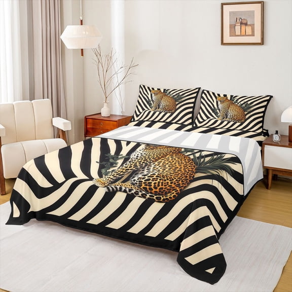 Feelyou 3D Jungle Leopard Queen Sheet Sets, Cheetah Wildlife Flat Sheet, Fashion Stripes Abstract Queen Fitted Sheet, Super Cozy Room Decor, 4-Piece