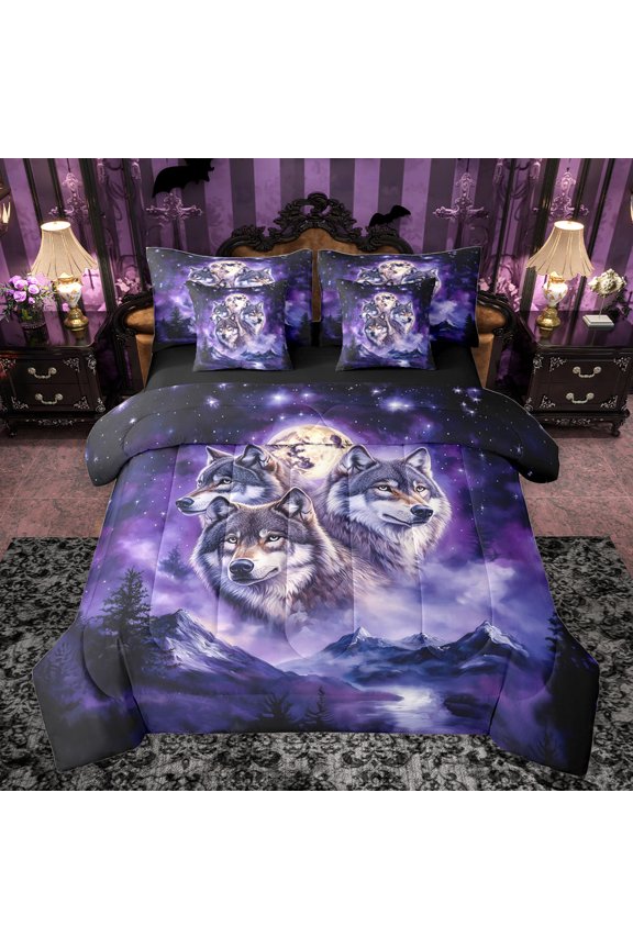 3D Jungle Wolf Bedding Comforter Set 7pcs, Jungle Nature Scenery Queen Bedding Sets, Psychedelic Purple Galaxy Reversible Queen Sheet Sets, Ultra Soft Bedroom Decor
