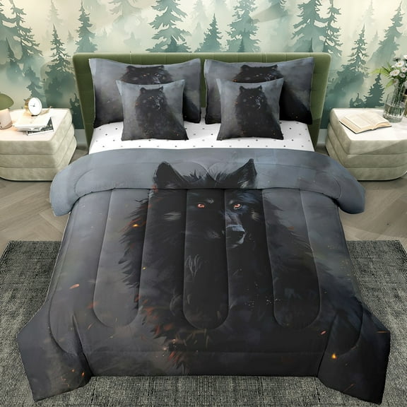 Feelyou 3D Jungle Wolf Bedding Comforter Set 7pcs for Teens, Woodland Wildlife Lover King Bedding Sets, Rustic Animal Theme Bed Sheets, Luxury Bedroom Decor