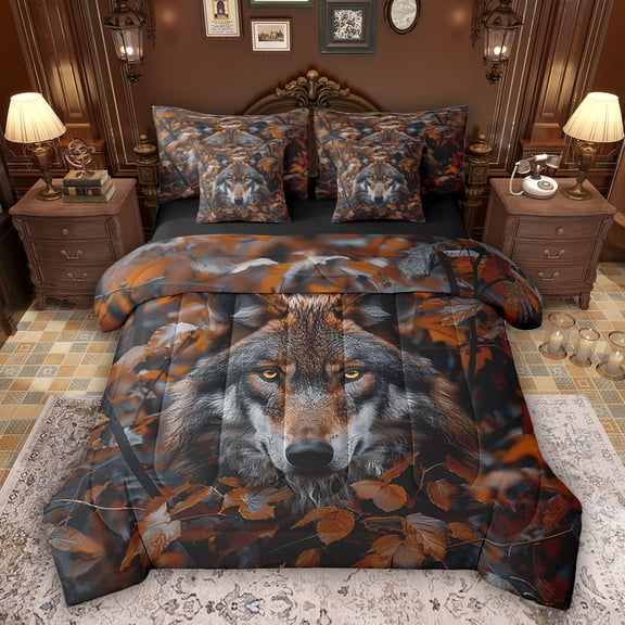 Feelyou 3D Jungle Wolf Twin Bedding Sets 7pcs, Rustic Leaves Plant Bedding Comforter Set