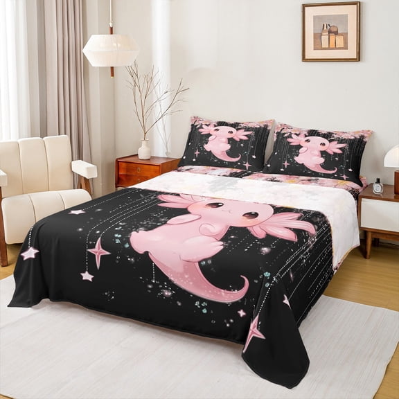 Feelyou 3D Kawaii Axolotl Twin Sheet Sets for Child, Black Pink Cartoon Twin Fitted Sheet, Cherry Blossoms Flat Sheet, Super Cozy Room Decor, 3 Pieces