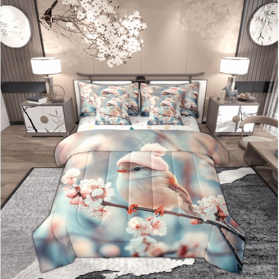 Feelyou 7-Piece 3D Kawaii Bird Queen Bedding Set, Pink Cherry Blossoms Xmas