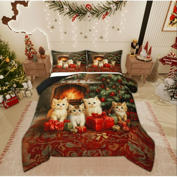 Feelyou 3D Kawaii Cat Bedding Comforter Set for Child, Western Christmas Festival Twin Comforter Sets, Kitten Animal Reversible Bedding Set, Microfiber Bedroom Decor, 2-Piece