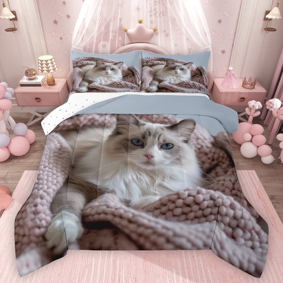 Feelyou 3D Kawaii Cat Full Size Comforter Sets for Kids, Cute Kitten Lover Bedding Comforter Set, Animal Theme Reversible Bedding Sets, Lightweight Room Decor, 3 Pieces