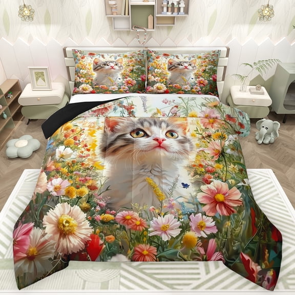 Feelyou 3D Kawaii Cat Queen Comforter Set for Kids, Spring Garden Groovy Flower Bedding Sets, Cute Cat Animal Reversible Bedding Comforter Set, Microfiber Bedroom Decor, 3-Piece