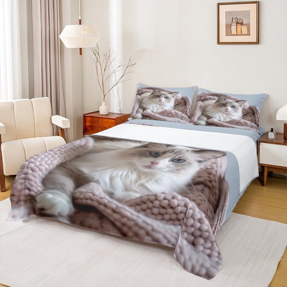 Feelyou 3D Kawaii Cat Twin Sheet Sets for Kids, Cute Kitten Lover Twin Fitted Sheet, Animal Theme Flat Sheet, Lightweight Room Decor, 3 Pieces