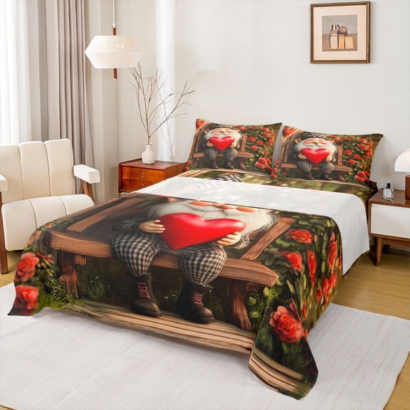 Feelyou 3D Kawaii Gnome Twin Sheet Sets for Teen, Romantic Love Heart Twin Fitted Sheet, Happy Valentine's Day Flat Sheet, Microfiber Bedroom Decor, 3pcs