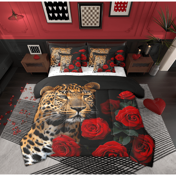 Feelyou 3D Leopard Animal Bedding Comforter Set 7pcs, Romantic Red Rose Queen Bedding Sets, Wildlife Cheetah Animal Queen Sheet Sets, Breathable Home Decor