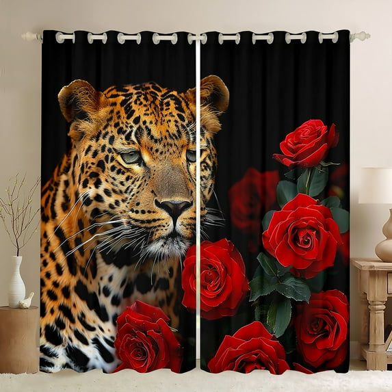 Feelyou 3D Leopard Animal Black Out Curtains, Romantic Red Rose Curtains Pack of 2 (42x63 Each), Wildlife Cheetah Animal Bedroom Curtains, Blackout Curtains Home Decor