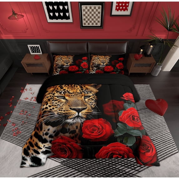 Feelyou 3D Leopard Animal Queen Comforter Set, Romantic Red Rose Bedding Sets, Wildlife Cheetah Animal Bedding Comforter Set, Breathable Home Decor, 3pcs