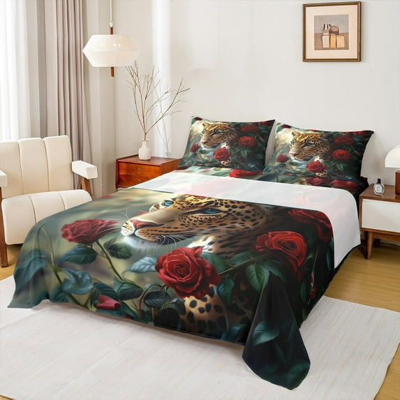 Feelyou 3D Leopard Teens Twin Sheet Sets, Romantic Jungle Cheetah Twin Fitted Sheet, Red Anniversary Rose Flat Sheet, Ultra Soft Bedroom Decor, 3 Pieces