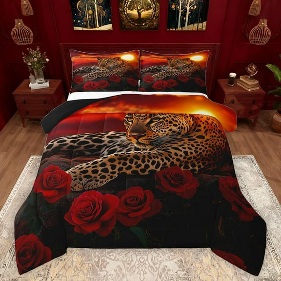 Feelyou 3D Leopard Wildlife Bedding Comforter Set, Jungle Cheetah Twin Comforter Sets, Romantic Anniversary Rose Reversible Bedding Set, Ultra Soft Bedroom Decor, 2pcs