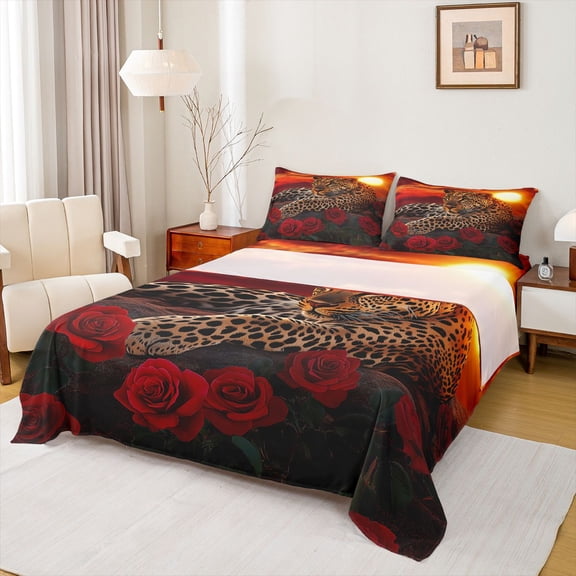 Feelyou 3pcs Leopard Twin Sheet Set, Jungle Cheetah Rose Anniversary Beddi