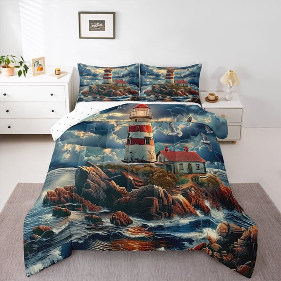 Feelyou 3D Lighthouse Child Full Size Comforter Sets, Sailing Nautical Bedding Comforter Set, Ocean Marine Theme Reversible Bedding Sets, Breathable Home Decor, 3pcs