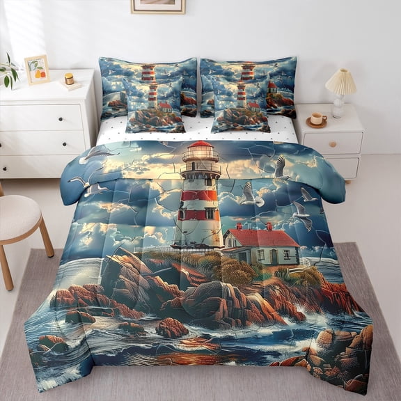 Feelyou 3D Lighthouse Child Twin Bedding Sets 7-Piece, Sailing Nautical Bedding Comforter Set, Ocean Marine Theme Reversible Sheet Sets, Breathable Home Decor