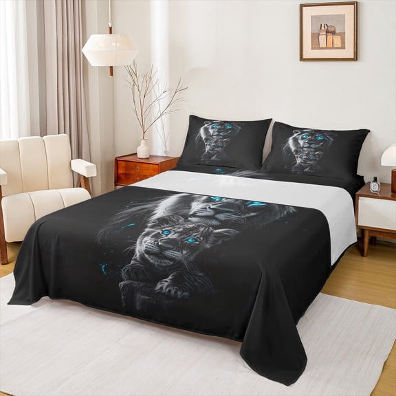 Feelyou 3D Lion Family Bed Sheets for Teens, Black Grey King Sheets, Animal Theme Sheet Set, Lightweight Room Decor, 4 Pieces