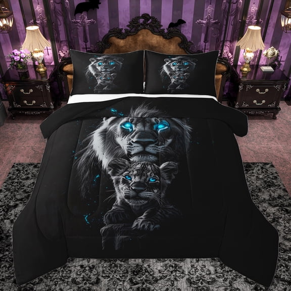 Feelyou 3D Lion Family Bedding Comforter Set for Teens, Black Grey Twin Comforter Sets, Animal Theme Reversible Bedding Set, Lightweight Room Decor, 2 Pieces