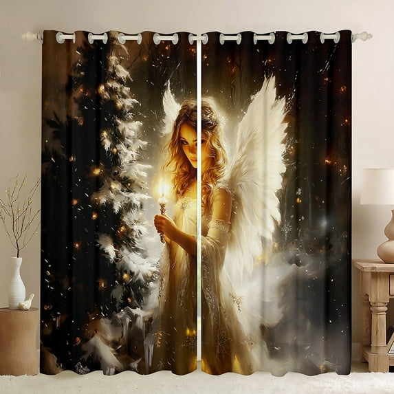 Feelyou 3D Magic Angel Black Out Curtains for Teens, Winter Christmas Eve Curtains Pack of 2 (42x63 Each), Glitter Xmas Tree Bedroom Curtains, Window Curtains Home Decor