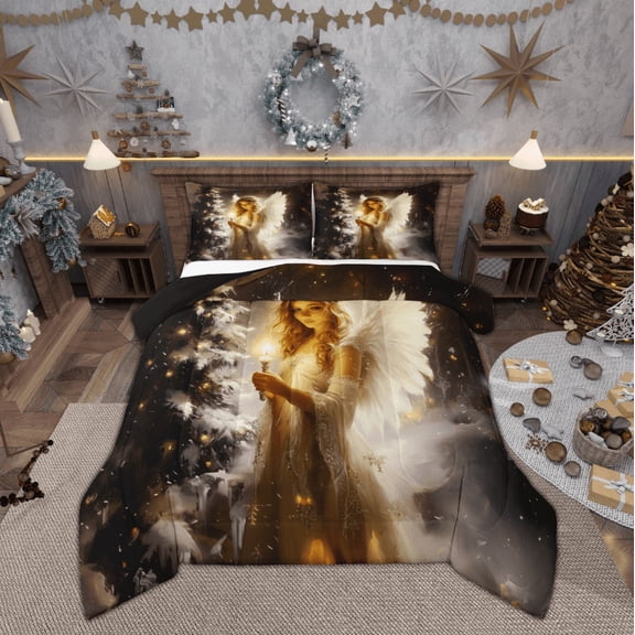 Feelyou 3D Magic Angel Queen Comforter Set for Teens, Winter Christmas Eve Bedding Sets, Glitter Xmas Tree Reversible Bedding Comforter Set, Breathable Home Decor, 3pcs