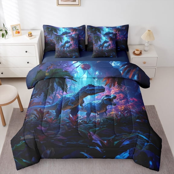 Feelyou 3D Magic Dinosaur Bedding Comforter Set 7-Piece, Kawaii Jungle Animal King Bedding Sets, Teens Boys Girls Kids Reversible Bed Sheets, Super Cozy Room Decor