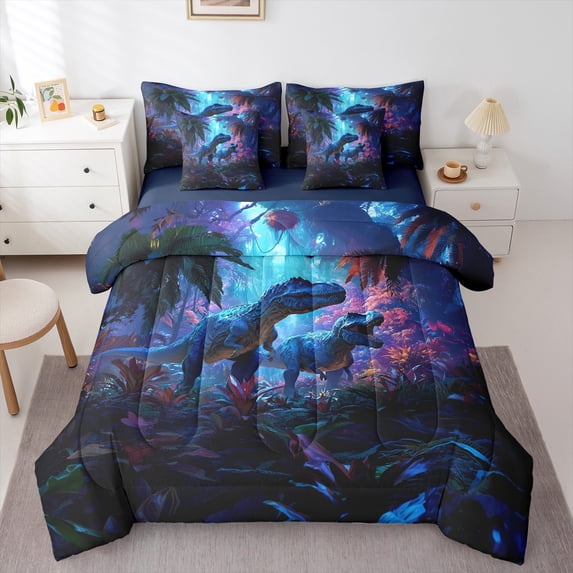 Feelyou 3D Magic Dinosaur Bedding Comforter Set 7pcs, Kawaii Jungle Animal Queen Bedding Sets, Teens Boys Girls Kids Reversible Queen Sheet Sets, Super Cozy Room Decor