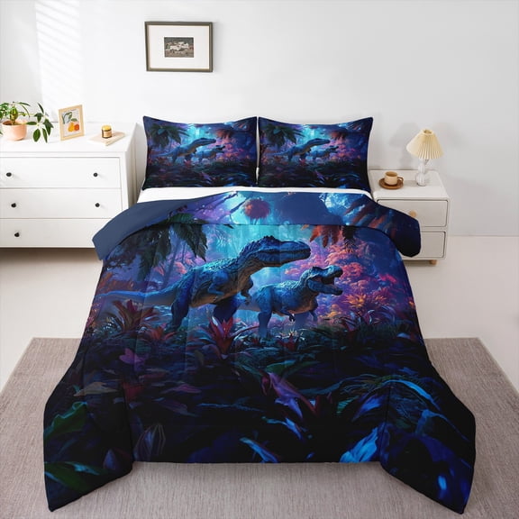 Feelyou 3D Magic Dinosaur Queen Comforter Set, Kawaii Jungle Animal Bedding Sets, Teens Boys Girls Kids Reversible Bedding Comforter Set, Super Cozy Room Decor, 3 Pieces