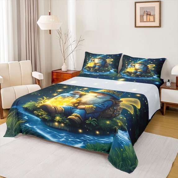 Feelyou 3D Magic Gnome Bed Sheets for Child, Glitter Dreamy Fireflies King Sheets, Fairy Tale Theme Sheet Set, Luxury Bedroom Decor, 4-Piece