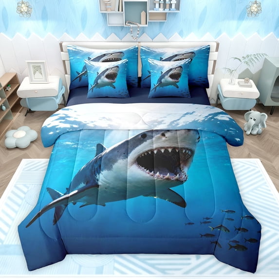 Feelyou 3D Marine Shark Bedding Comforter Set 7pcs, Sea Animal Child Queen Bedding Sets