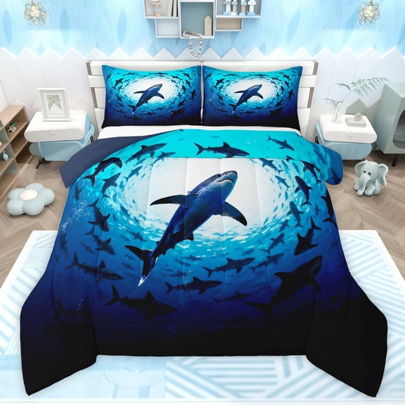 Feelyou 3D Marine Shark Queen Comforter Set, Ocean Fish Animal Kid Bedding Set, 3pcs