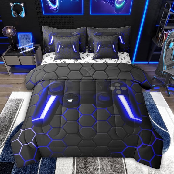 Feelyou 3D Navy Gamepad Bedding Comforter Set 7pcs for Boy, Video Games Controller King Bedding Sets, Neon Gradient Honeycomb Reversible Bed Sheets, Microfiber Bedroom Decor