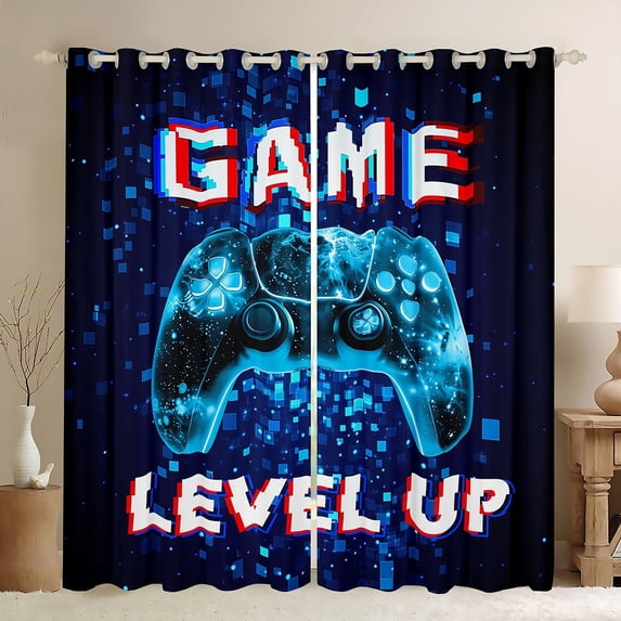 Feelyou 3D Neon Gamepad Black Out Curtains for Boy, Dreamy Blue Square Abstract Curtains Pack of 2 (42x63 Each), Game Level Up Bedroom Curtains, Window Curtains Home Decor