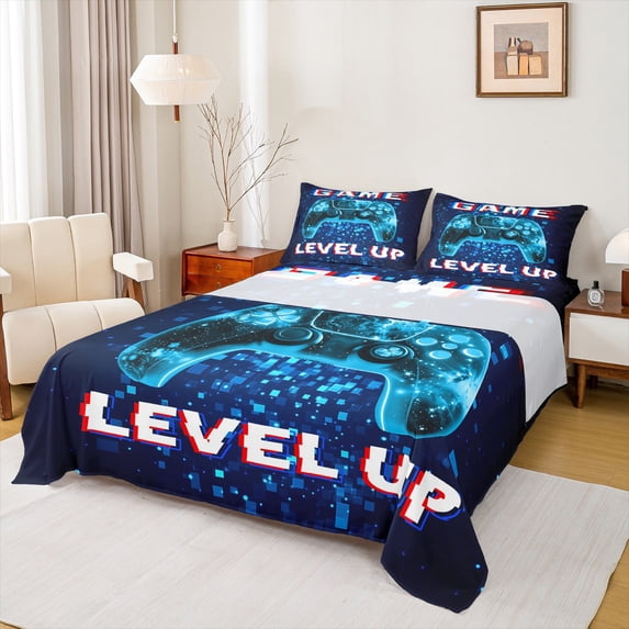Feelyou 3D Neon Gamepad Full Size Sheets for Boy, Dreamy Blue Square Abstract Bed Sheets, Game Level Up Sheet Sets, Breathable Home Decor, 4pcs