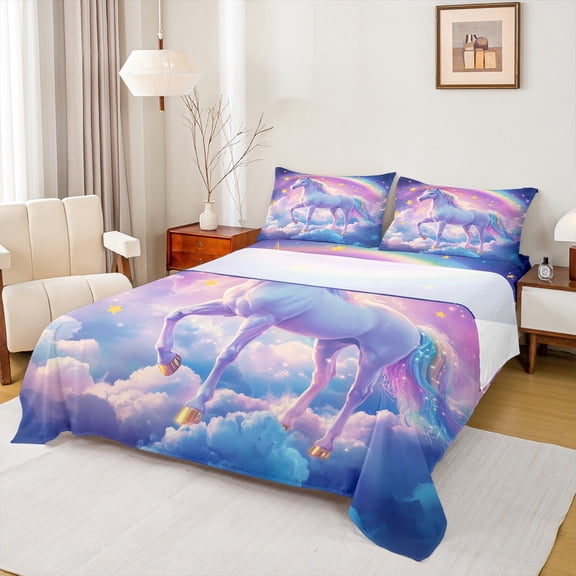 Feelyou 3D Neon Unicorn Twin Sheet Sets for Child, Glitter Purple Galaxy Twin Fitted Sheet, Magical Stars Rainbow Flat Sheet, Breathable Home Decor, 3pcs