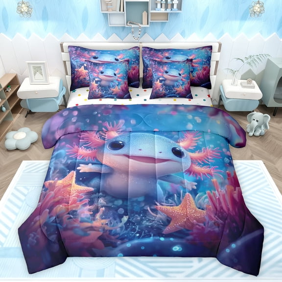 Feelyou 3D Ocean Axolotl Bedding Comforter Set 7pcs, Sea Starfish Coral Full Bedding Set