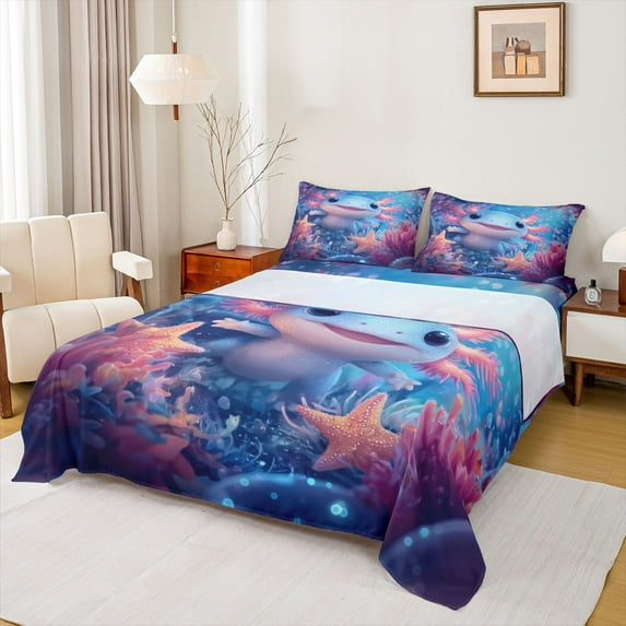 Feelyou 3D Ocean Axolotl Queen Sheet Sets, Sea Starfish Coral Bed Set, 4-Piece