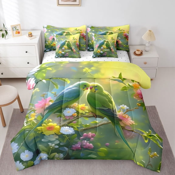 Feelyou 3D Parrot Bird Bedding Comforter Set 7pcs, Kawaii Animal King Bedding Sets, Groovy Daisy Flower Floral Reversible Bed Sheets, Microfiber Bedroom Decor